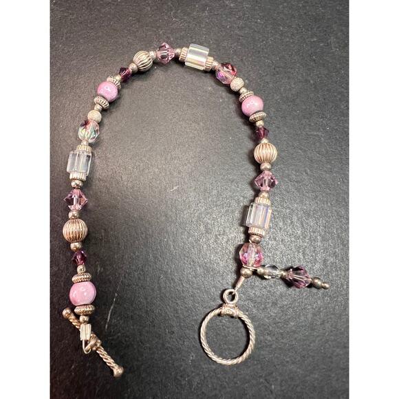Vintage Sterling Silver Toggle Bracelet with Purple Crystal & Lampwork Beads - Picture 7 of 12